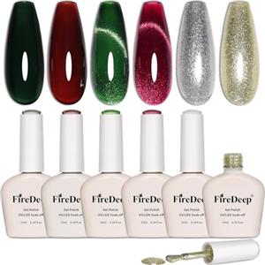 Firedeep Set Smalto Gel 10ml Senza HEMA, 6 Colori Effetto Occhio di Gatto Rosso Natale Jelly Verde Scuro Oro Argento Glitter, Kit Gel Soak-off UV/LED per Nail Art DIY & Salon per Donne