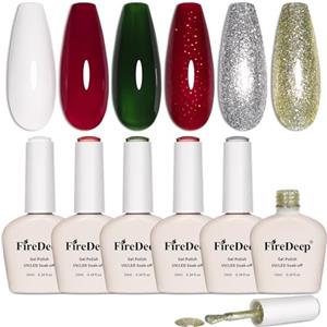 Firedeep Set Smalto Gel 10ml Senza HEMA, 6 Colori Natalizi con Glitter: Rosso Bianco Verde Scuro, Soak-off UV/LED per Donne Fai da Te a Casa & Salon