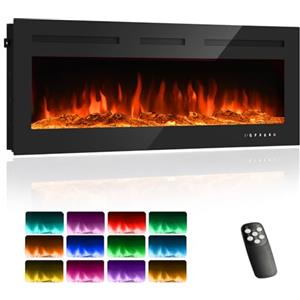 PortoAlegre Camino elettrico 3 in 1 da parete o da incasso con effetto fiamma 3D e 12 colori fiamma, camino 900 W/1800 W con telecomando, timer e termostato, nero (60 inch)