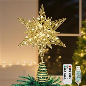 Lewondr Puntale per Albero di Natale a Forma di Stella, 11" Puntale con Base Spirale Telecomandato Alimentato da USB o a Batteria, 8 modalità di Luce per Natale con Timer, Oro Champagne