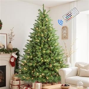 SHareconn Albero di Natale Artificiale 210cm Pre-Illuminato con 400 Luci RGB Multicolore & Telecomando, 1381 Punte dei Rami con Base a Croce in Legno Stabile, Decorazione per le Feste in Casa