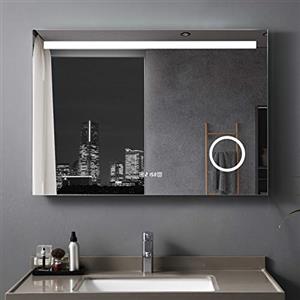 MEESALISA Specchio da bagno a LED, 80 x 60 cm, con illuminazione, per bagno, antiappannamento, con presa di corrente, orologio touch, dimmerabile