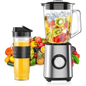 OQCSUAT Frullatore, frullatore da 700 W, frullatore da 1,5 l, contenitore in vetro con tazza da viaggio da 570 ml, 2 livelli di velocità e funzione di impulso per frullati, frullati e salse