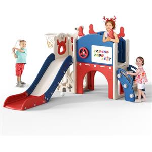 CUPCHID Scivolo di Natale a forma di alce,scivolo per bambini 10 in 1,con allacanestro,struttura,telescopio,spazio di archiviazione,golf,tavolo da disegno,scivolo extra lungo 1570 mm (blu-rosso)