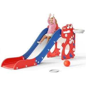 CUPCHID Scivolo per bambini, scivolo pieghevole 3 in 1, con canestro da basket, pallacanestro, lancio dell'anello, per età 18-36 mesi, scivolo extra lungo H650 x L330 x P1520mm (blu-rosso)