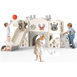 CUPCHID Scivolo di Natale a forma di alce,scivolo per bambini 11 in 1,con allacanestro,struttura,telescopio,spazio di archiviazione,golf,tavolo da disegno,scivolo extra lungo 1310 mm (beige-grigio)