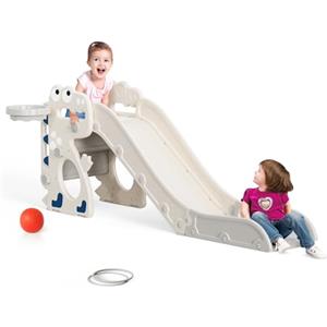 CUPCHID Scivolo per bambini, scivolo pieghevole 3 in 1, con canestro da basket, pallacanestro, lancio dell'anello, per età 18-36 mesi, scivolo extra lungo H650 x L330 x P1520mm (beige-grigio)