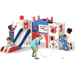CUPCHID Scivolo di Natale a forma di alce,scivolo per bambini 11 in 1,con allacanestro,struttura,telescopio,spazio di archiviazione,golf,tavolo da disegno,scivolo extra lungo 1310 mm (blu-rosso)