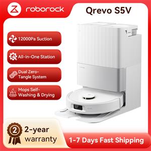 roborock Qrevo S5V (Aggiornamento del S7 Max Ultra) Robot aspirapolvere, potenza di aspirazione di 12.000 Pa, doppia spazzola anti-groviglio, doppio mop rotante sollevabile, svuotamento e riempimento