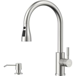 APPASO Rubinetto da cucina allungabile con dispenser per detersivo, girevole a 360°, 2 tipi di getto, miscelatore ad alta pressione, in acciaio inox spazzolato