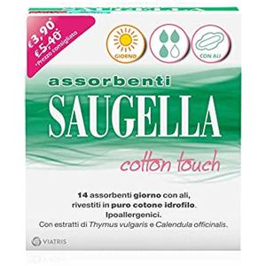 Saugella Assorbenti Cotton Touch Giorno, 14 Assorbenti Cotone Giorno con Ali, Azione Antibatterica, Antiodore e Lenitiva