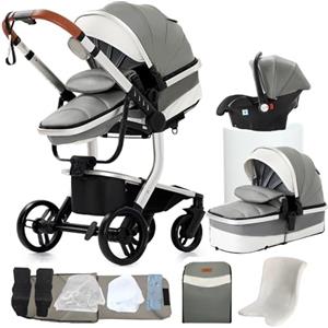 Veitoalioy Pelle PU Passeggino 3 in 1 Trio Neonati, Per Neonato 3 in 1 Passeggini, Carrozzino multifunzione, Passeggino Pieghevole (518 Grey)