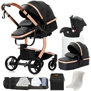 Veitoalioy Pelle PU Passeggino 3 in 1 Trio Neonati, Per Neonato 3 in 1 Passeggini, Carrozzino multifunzione, Passeggino Pieghevole (518 Black)