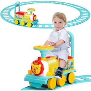 RELAX4LIFE 2 in 1 Macchina Elettrica per Bambini e Trenino Elettrico per Bambini con 16 Pezzi di Binari, Musica, Luci, Pedali Retrattili, 2 Anni+ (BLU 3)