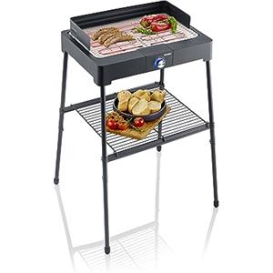 SEVERIN PG 8566 Barbecue elettrico 2200W in acciaio inox con stand con mensola, Grill elettrico temperatura regolabile fino a 250 °C, Griglia da tavolo per interni ed esterni, Nero