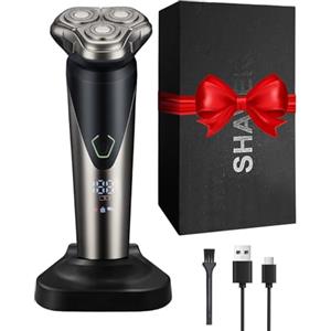 Trongle Rasoio Elettrico Uomo, 3D Testine Rotanti, Display LED, Rasoio Barba con Lame a Doppio Anello per una Rasatura più Veloce e Pulita, Ricaricabile, Wet & Dry, Lavabile su Tutto il Corpo