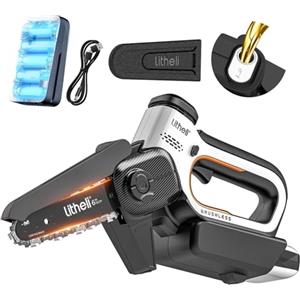 Litheli Mini Motosega a Batteria per Potatura, Motosega Elettrica a Batteria Brushless da 15cm, Lubrificazione Automatica, Sicurezza Design per il Taglio Del Legno e Giardini