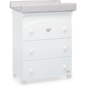 Foppapedretti Bagnetto Fasciatoio Mybear, Made in Italy, Legno di faggio, 3 cassetti, Vaschetta anatomica estraibile, 4 ruote 2 con freno, 94x78x56 cm, Bianco