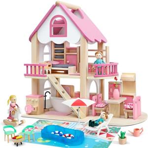 Atoylink Casa Delle Bambole in Legno con Set Completo di Mobili e 2 Bambole, Casa Bambole a 2 Piani con Camera da Letto, Bagno, Sala da Pranzo, Piscina, Giocattoli di Legno per Bambini 3 4 5 6 Anni