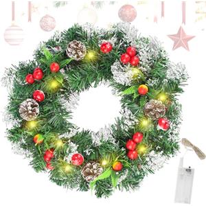 GZGXKJ Ghirlanda natalizia a LED da 40 cm per porta, ghirlanda natalizia per porta completamente fatta a mano, ghirlanda per feste dell'Avvento ricoperta di bacche e fiocchi di neve, ghirlanda
