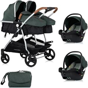 Mon Mobilier Design DUO SMART Passeggino gemelli o bambini stretti larghezza 79 cm verde + 2 accogliente i-Size verde