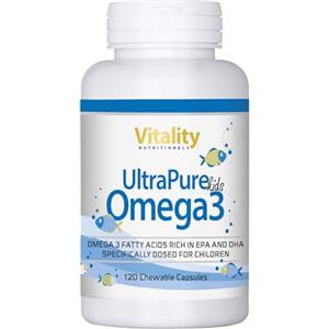 Vitality Nutritionals Omega 3 per Bambini 435mg, Olio di pesce con 0,34g DHA + 0,09g EPA + Vitamina D + Vitamina E, 120 capsule masticabili, gusto Tutti-Frutti, 40 Giorni. Vitality Nutritionals by VitaminExpress