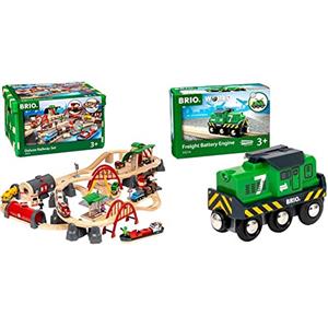 BRIO 33052 - Set Ferrovia Deluxe & 33214 - Locomotiva per Treno Merci A Batterie, Treni-Vagoni-Veicoli, età Raccomandata 3+