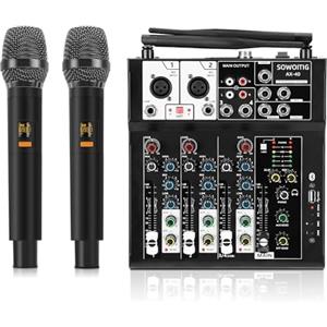 SOWOITIG Karaoke mixer con 2 microfoni wireless, audio a 4 canali, console DJ, microfono senza fili, Bluetooth, porta USB, alimentazione phantom 48 V per registrazione studio