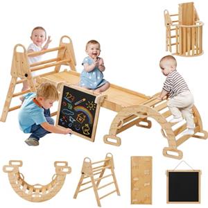 EULEUY Telaio Arrampicata Montessori 8-in-1,Palestra Legno con Scala Triangolo,Arco,Balance Board e Tavolo da Disegno,per Bambini 1-3 Anni