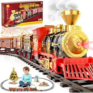 PQETBV Trenino per Albero di Natale Elettrico, Locomotiva a Vapore, Treno Elettrico del Natale con Fumo, Luci e Suoni, Giocattoli per Treni Elettrici con Binari, Regalo Natales Giochi