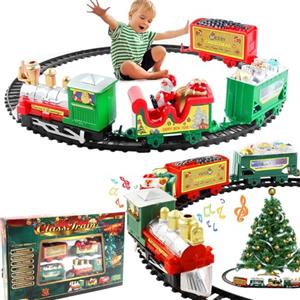LSUO BAOFU Trenino Natalizio Elettrico per Bambini, Treno con 4 Vagoni e Slitta Babbo Natale, Giocattolo Decorazione Albero di Natale, Pista Circolare 168 cm, Bambini