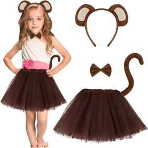 AOOWU 4 Pezzi Scimmia Costume Set, Costume Animale Set Orecchie di Scimmia Fascia Coda Lunga Scimmia, Costume da Scimmia per Bambino Fancy Dress Halloween Carnevale Festa Costume