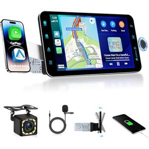 Podofo CarPlay 1 Din Autoradio 9 Pollici con Supporto Magnetico, Wireless Android AutoStereo Auto Bluetooth con Schermo con HD Touchscreen/Mirror Link/GPS/SWC/EQ/FM/RDS/TF/USB+Telecamera Posteriore