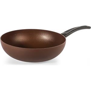 H&H Wok Ground Ø28 cm Marrone in Alluminio - Rivestimento Antiaderente Pfluon, Fondo per Induzione, Superficie Ruvida per Cottura Uniforme
