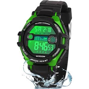 DTKID Orologio Digitale Bambino LED a 7 Colori, Orologio Bambino con Sveglia, Timer, Datario, Impermeabile Orologi per Bambini Sportivo da Esterno, per Ragazzi Ragazze e Adolescenti (Nero-verde)