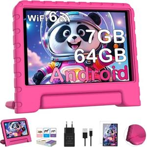 Dghrti Tablet 7 Pollici Android, Quad-core, 7GB +64GB (TF 512GB), Controllo Parentale, 3500mAH, BT 5.0, 5+8MP, Tablets con EVA Custodia Protettiva Resistente Agli Urti,Rosa