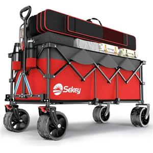 Sekey XXXL Carrello Spiaggia Ruote Grandi 300L 200KG, Carrello Pieghevole con Ruote Extra Larghe 17x10 cm a Tutti i Terreni, Brevettato Pieghevole da QUATTRO Direzioni SE4013, Grigio con Rosso