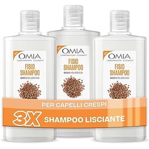Omia, Fisio Shampoo Eco Bio con Olio di Semi di Lino per Capelli Crespi, Lisciante e Disciplinante, Shampoo per Lavaggi Frequenti, Senza Siliconi e SLES, 3 Flaconi da 200 ml
