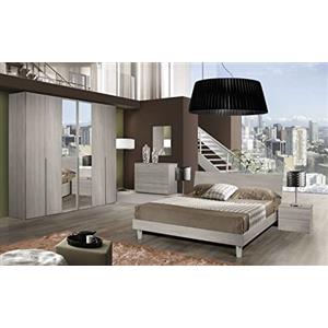 My Brand Germanvox Camera da Letto Moderna Completa Olmo Perla con Armadio 6 ante battenti con specchi centrali, Letto matrimoniale, comò, comodini e specchio