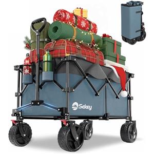 Sekey XXL Plus Carrello Spiaggia con Freni 200L 150KG, Carrello Pieghevole Ruote Grandi Extra 17x10 cm Tutti i Terreni, Brevettato Pieghevole da QUATTRO Direzioni SE4011, Grigio con Blu
