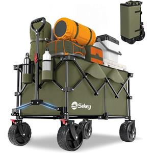 Sekey XXL Plus Carrello Spiaggia con Freni 200L 150KG, Carrello Pieghevole Ruote Grandi Extra 17x10 cm Tutti i Terreni, Brevettato Pieghevole da QUATTRO Direzioni SE4011, Verde Oliva