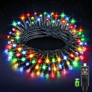Buudala Luci Albero di Natale,10+3M 100LED Luci Natale Esterno Batteria,8 Modalità Luci di Natale da Esterno a Batteria,3 Timer,Funzione Memoria,Luci Natalizie da Esterno Decorazioni Natalizie Albero,RGB