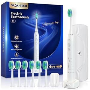 DADA-TECH Spazzolino elettrico per adulti e bambini ricaricabile, sonico, con custodia per viaggio, supporto e 7 teste di spazzolino, 6 modalità e 3 intensità, timer da 2 minuti (bianco)