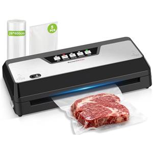 Bonsenkitchen Macchina Sottovuoto Alimenticon Taglierina Integrata e Vano Porta Sacchetti per Cottura Sous Vide e Preparazione Pasti | 4 Modalità | 1 Rotolo di Sacchetto e 5 Sacchetti, Nero