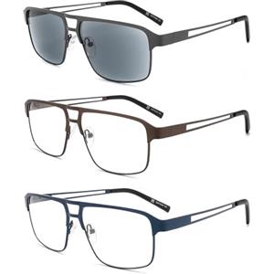 MODFANS Confezione da 3 occhiali da lettura da uomo, filtro luce blu, telaio in metallo, stile rettangolare, in acciaio inox, C234, +3.50