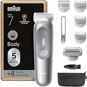 Braun Rasoio Elettrico Corpo Uomo Series 7, +8 Strumenti Cura Corpo, Luce Smartlight & SkinGuard, 100 Min Utilizzo, Testine SmoothShave & SensitiveTrim, Impermeabile, Rasoio Intimo Uomo, Grigio