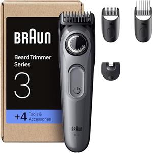 Braun Regolabarba Uomo Series 3, +4 Strumenti Di Styling, Lama Ultra Affilata, 50 Min Di Utilizzo, 40 Lunghezze, Rasoio Elettrico Barba, BT3525, Grigio