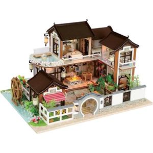 Crafts&Co® Casa in miniatura fai da te con mobili | Casa delle bambole fai da te per adulti | Kit casa delle bambole in legno | Mini casa modello con luce | 1:18 | Villaggio nostalgico