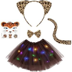 AOOWU Luminoso Costume Animale Bambina, Kit di 5 Pezzi Costume Animale Tutu LED Gonna con Cerchietti Orecchie Leopardo Coda Papillon Adesivi per Halloween, Carnevale Cosplay Party