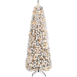 SHareconn Albero di Natale Artificiale 210cm Pre-Illuminato Slim con 250 Luci LED Bianco Caldo, Rami PVC ad Cerniera Innevate & Base Metallica, Albero Pencil Space Saving per Decorazione Casa Ufficio